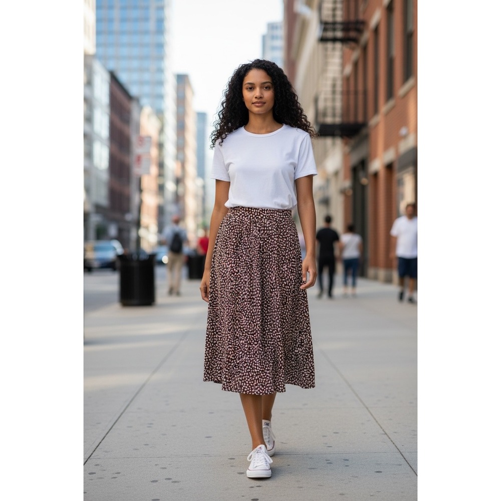Leota Women Brown Animal Print Midi A-Line Stretch Skirt Flowing Small S